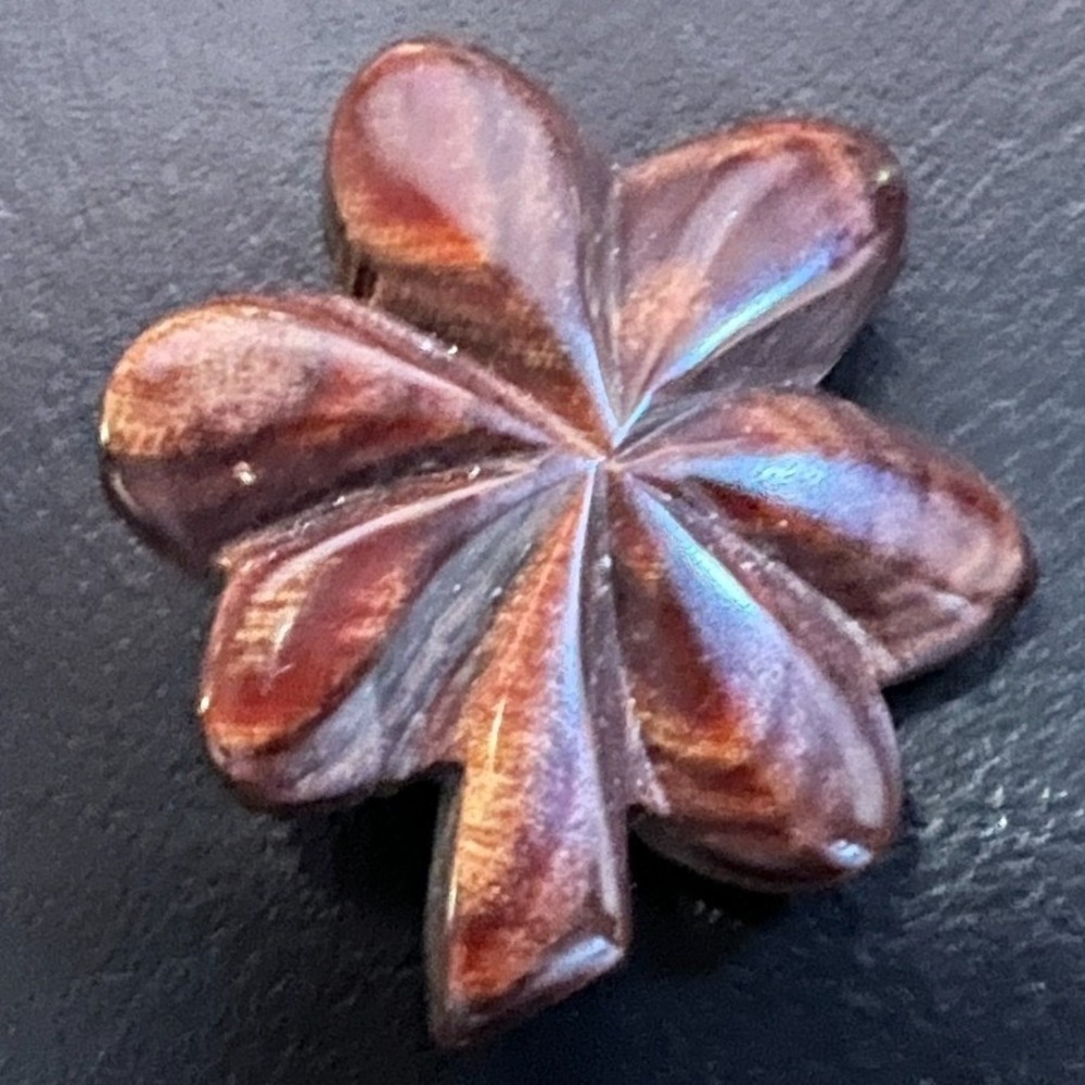 Vintage Wood Flower Brooch Carved Floral Brown Natural Clover Pin